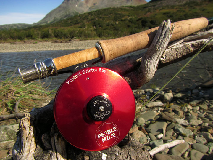 Abel's limited edition "No Pebble Mine" reel up the river valley at SAFARI camp.